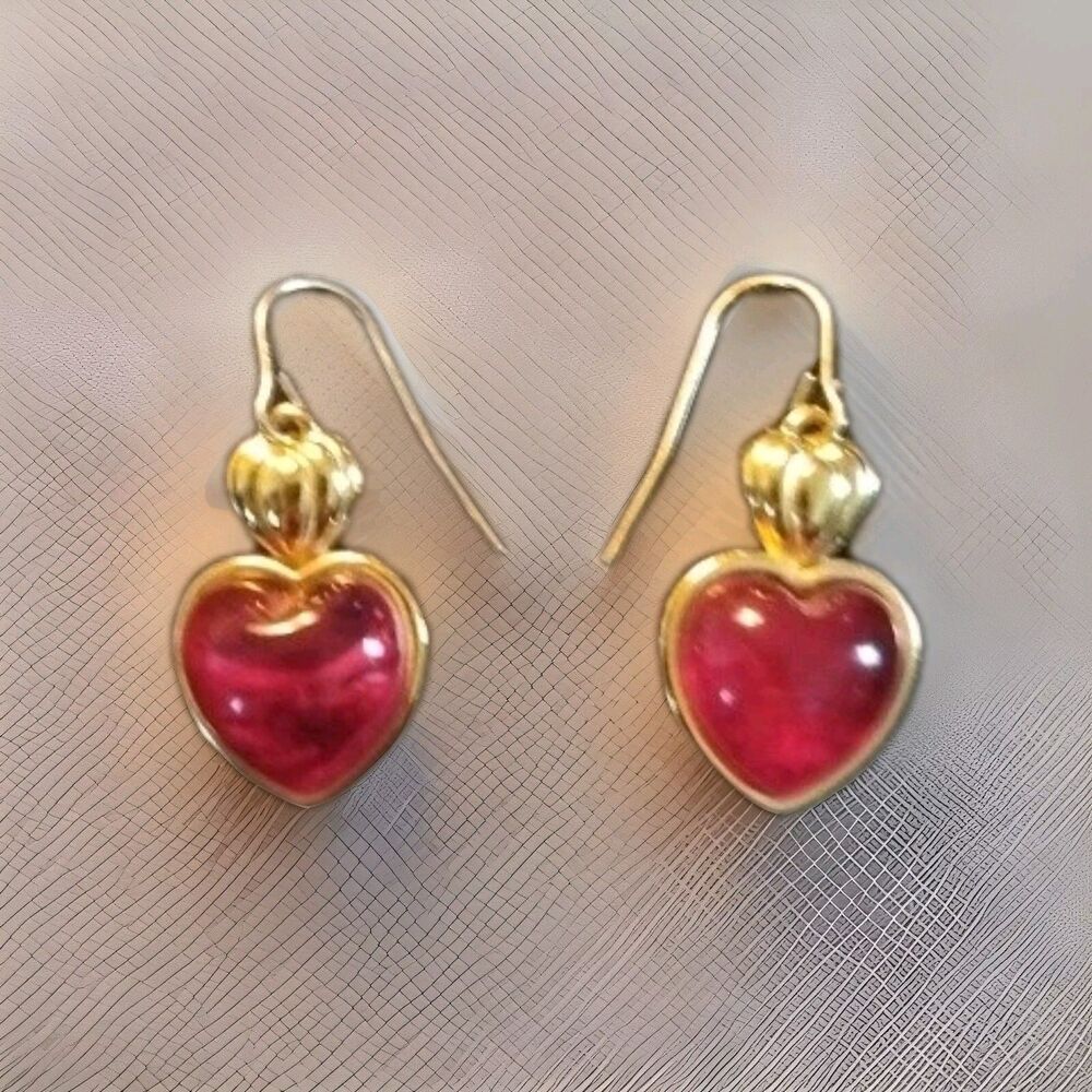 Vintage Signed TRIFARI Red Heart Dangle Earrings